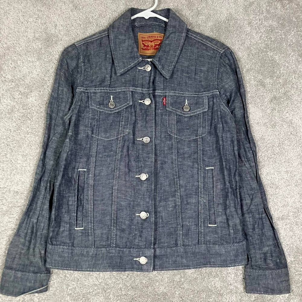 Levis Trucker Jacket Womens Small Blue Linen Chambray Denim Button Up 2014!